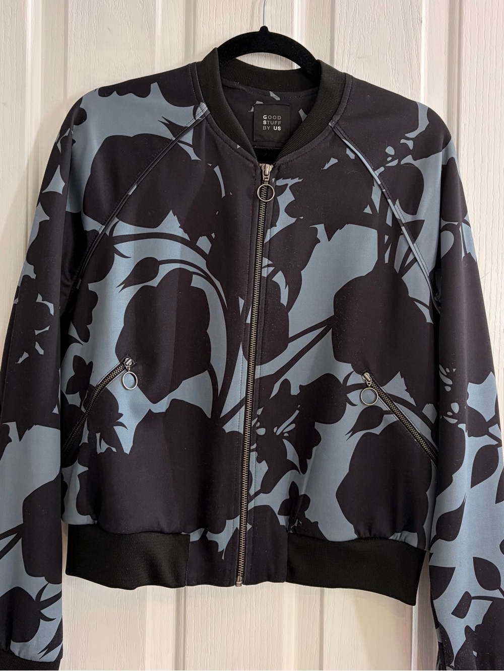 Women's cropped navy & Slate Floral Bomber Jacket